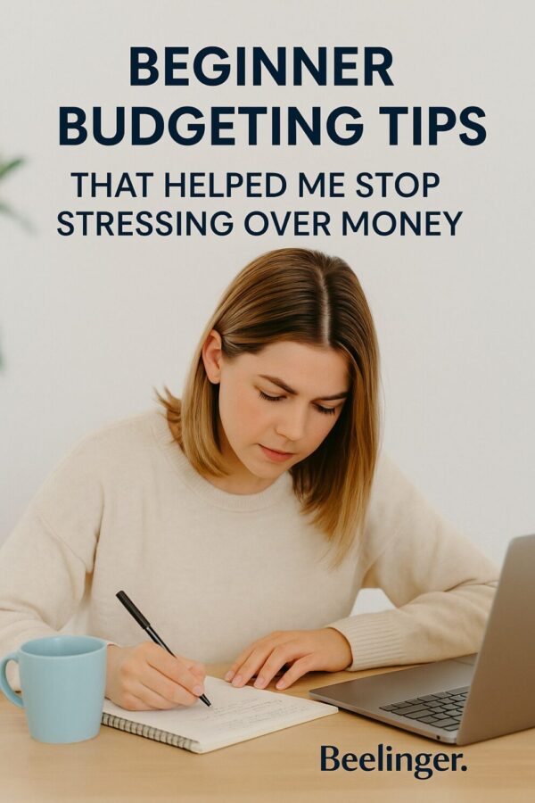 A woman reviewing her finances with a notepad and laptop—beginner budgeting tips for women.