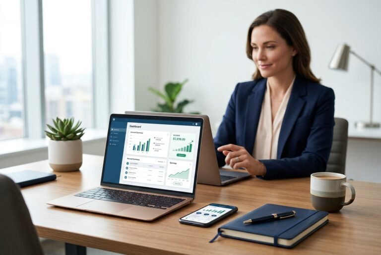 Professional woman in a navy blazer works on a dashboard on her laptop at a desk with a smartphone, notebook, and coffee nearby.