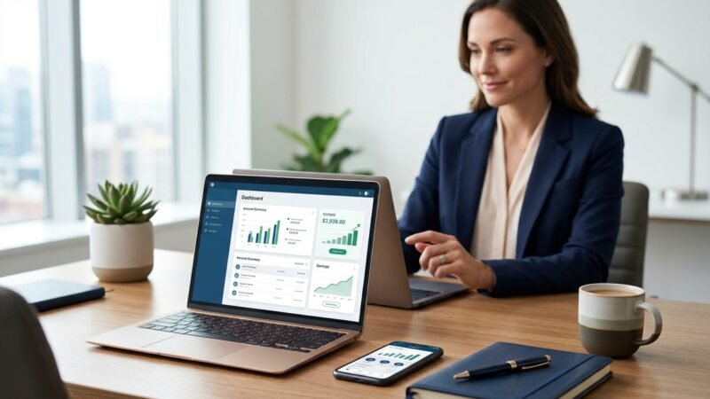 Professional woman in a navy blazer works on a dashboard on her laptop at a desk with a smartphone, notebook, and coffee nearby.