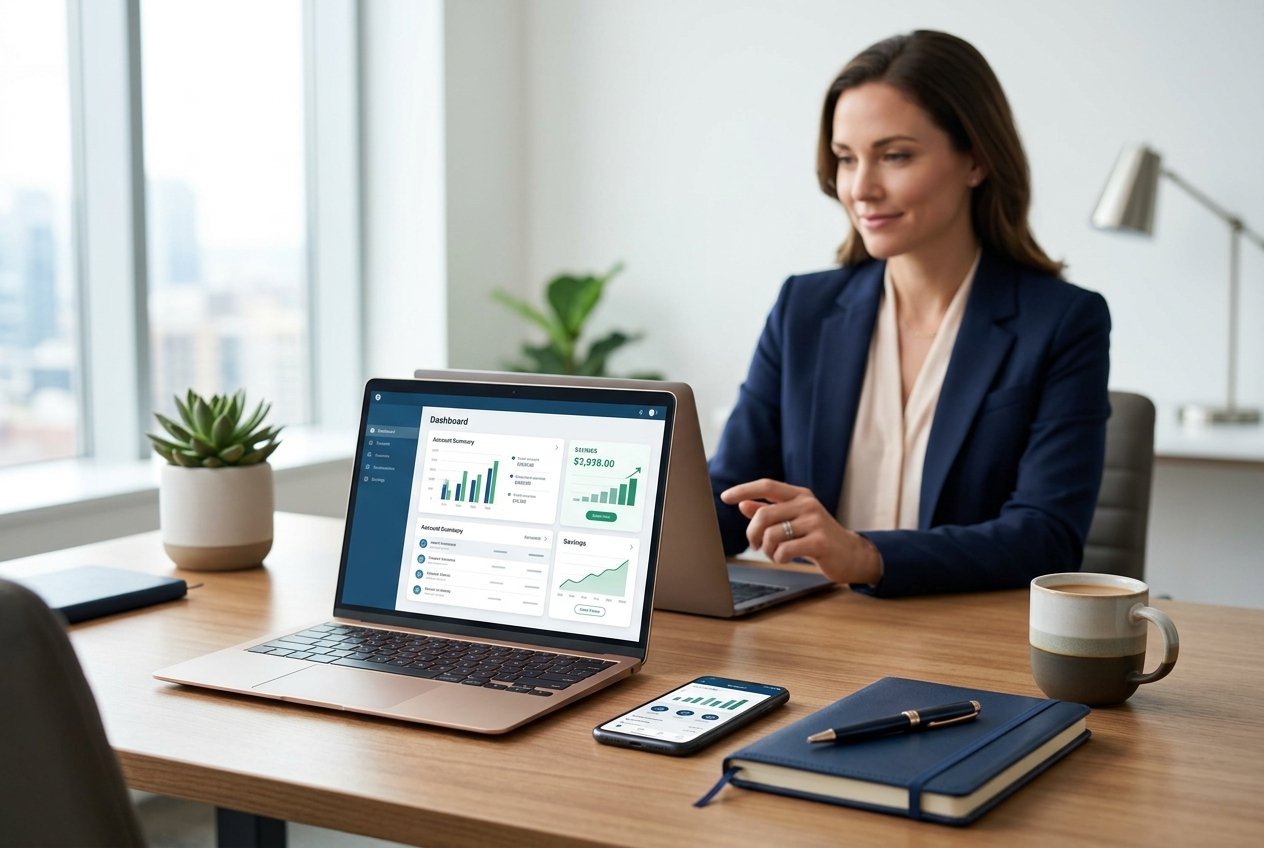Professional woman in a navy blazer works on a dashboard on her laptop at a desk with a smartphone, notebook, and coffee nearby.
