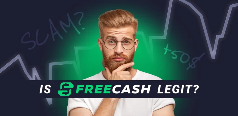 Man with round glasses and beard contemplates, neon green glow behind him, bottom text asks 'Is FreeCash Legit?'