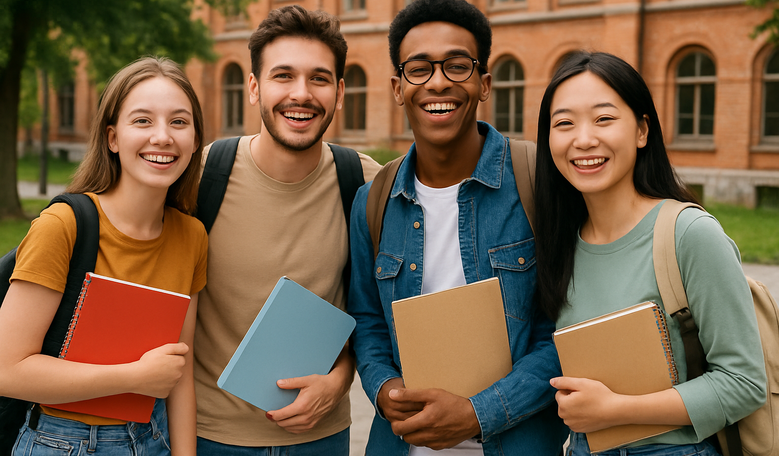 Cheerful College Students Looking Camera Outdoor | Beelinger Four smiling university students with backpacks and notebooks pose together on campus outside a brick building.