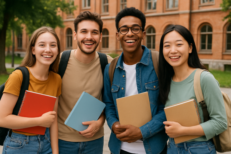 Four smiling university students with backpacks and notebooks pose together on campus outside a brick building.