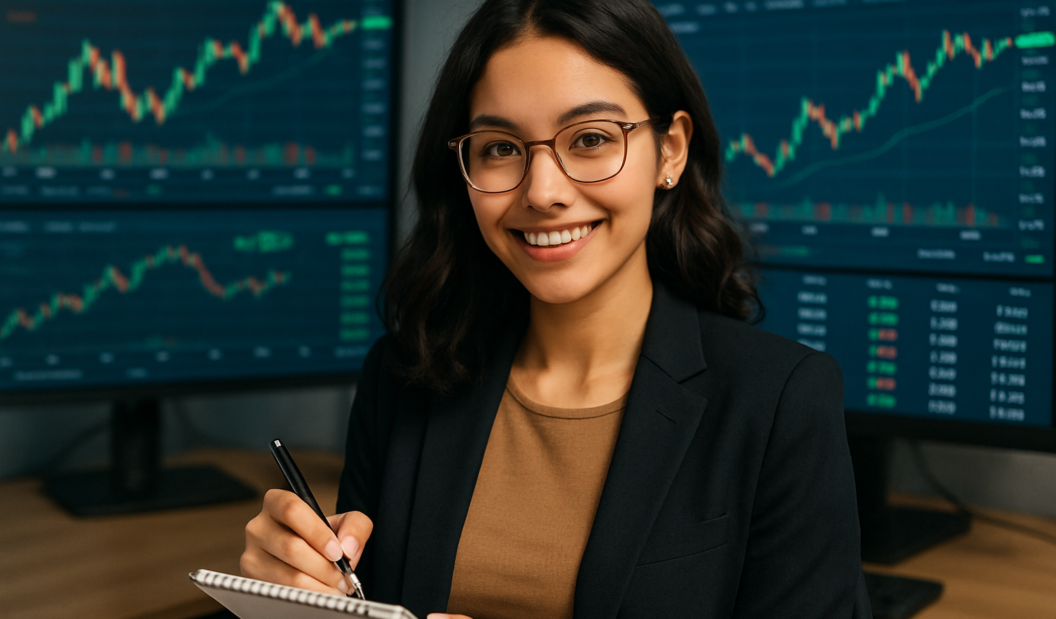Smiling woman with glasses in a black blazer writes notes in a notebook, stock charts on monitors behind her.