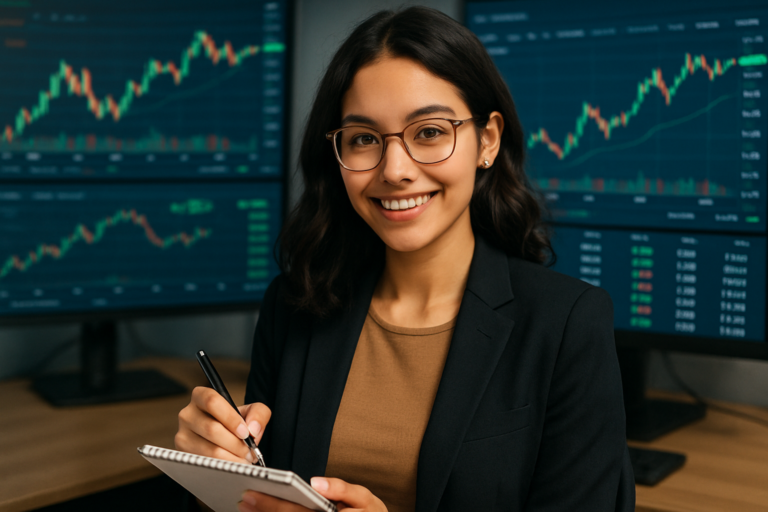 Smiling woman with glasses in a black blazer writes notes in a notebook, stock charts on monitors behind her.