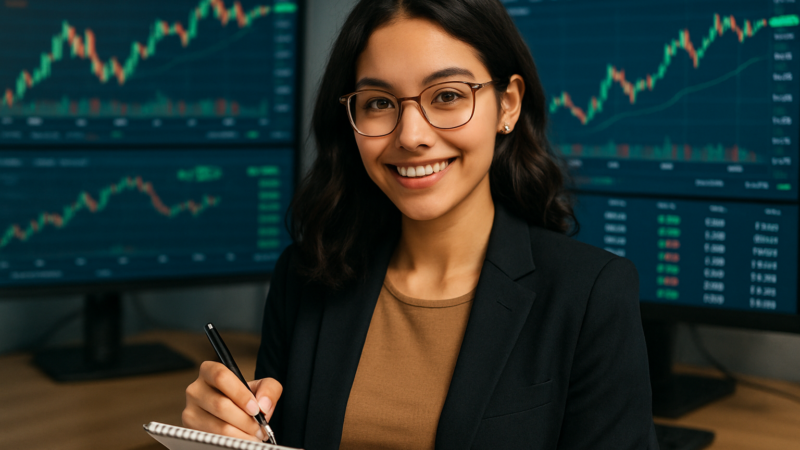 Smiling woman with glasses in a black blazer writes notes in a notebook, stock charts on monitors behind her.