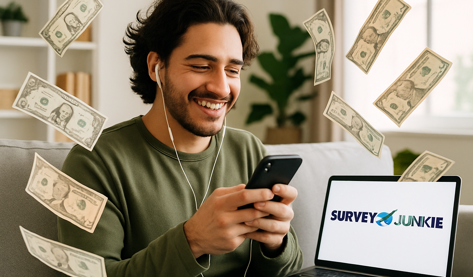 Smiling man on a couch looking at his phone with earbuds in, fake money floating around, a laptop showing the Survey Junkie logo.