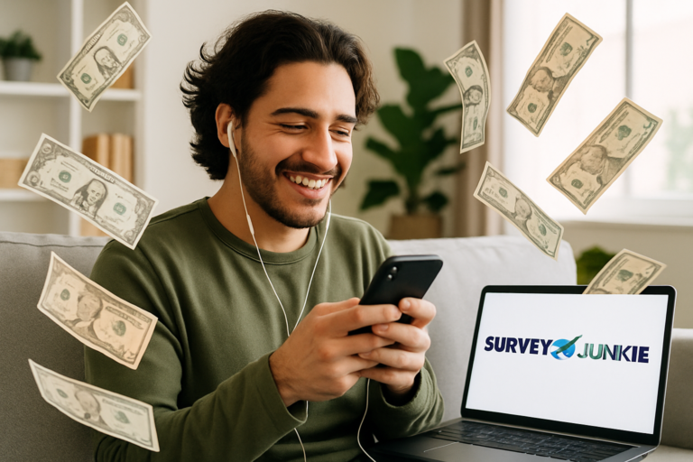 Smiling man on a couch looking at his phone with earbuds in, fake money floating around, a laptop showing the Survey Junkie logo.