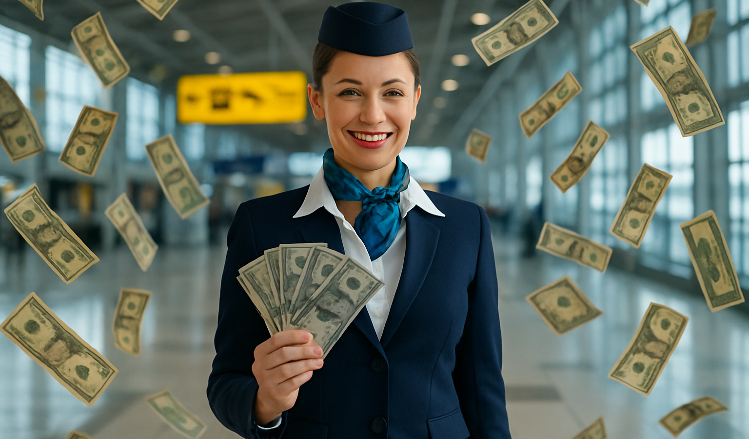 Flight-Attendant-with-Cash-in-Airport-scaled | Beelinger Smiling flight attendant holding fan of cash as dollar bills fall around her in an airport terminal