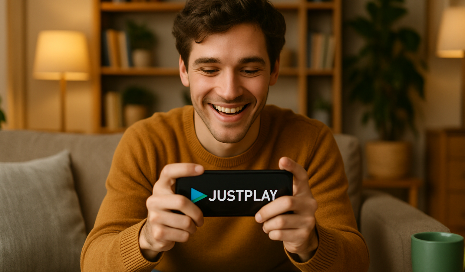 happy young man playing justplay on his phone in his cozy li | Beelinger Young man in a mustard sweater on a living room couch, smiling while playing a game on a handheld device displaying JUSTPLAY.
