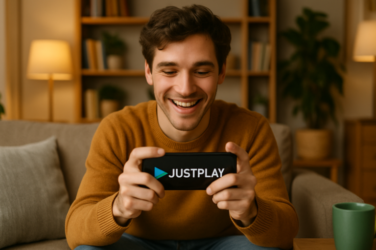 Young man in a mustard sweater on a living room couch, smiling while playing a game on a handheld device displaying JUSTPLAY.