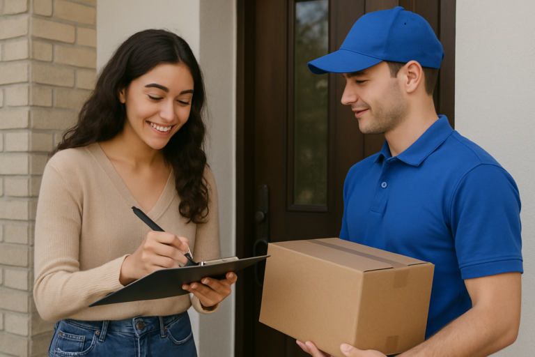 Delivery worker in a blue cap and polo hands a cardboard box to a smiling woman who signs on a clipboard at the doorway.