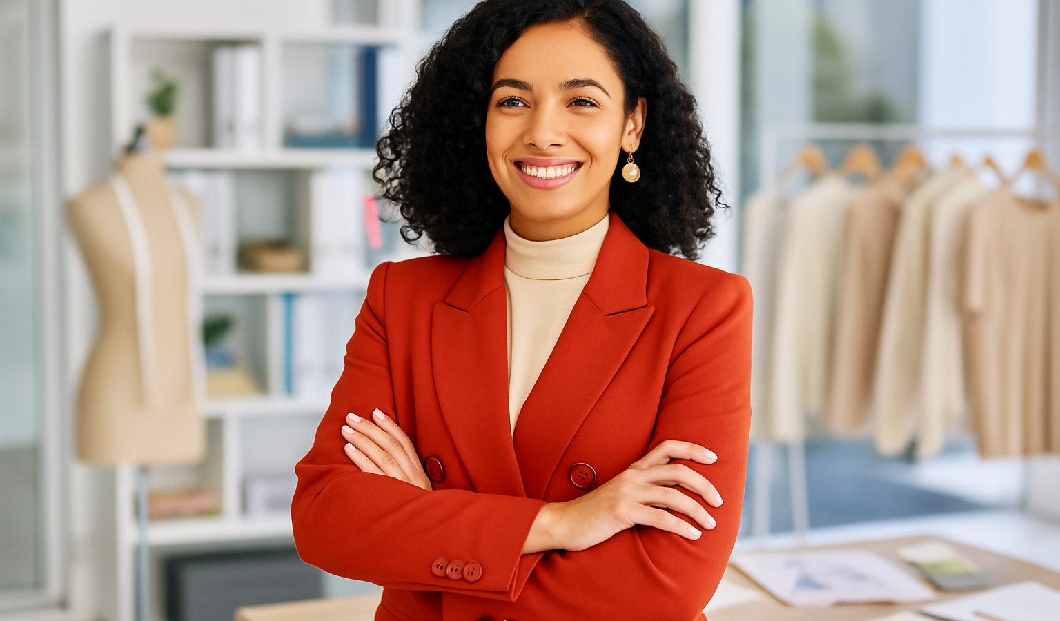 Professional woman with arms crossed in a red blazer inside a fashion studio setting.