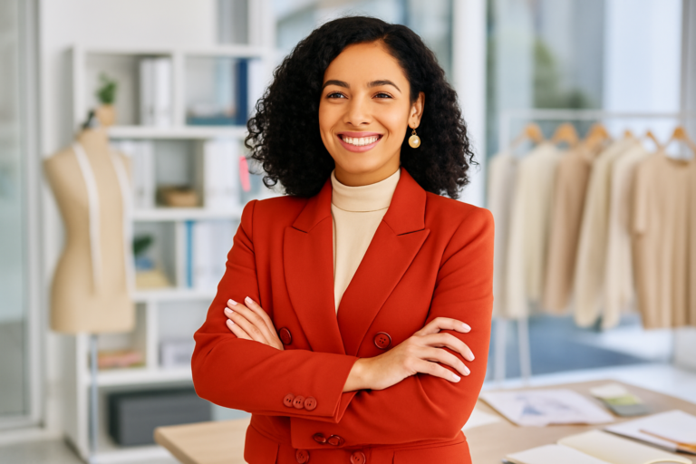 Professional woman with arms crossed in a red blazer inside a fashion studio setting.