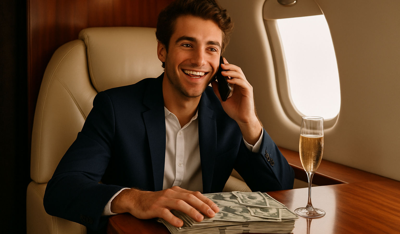 Man in a navy suit on a private jet, talking on a cellphone, with a stack of cash and a champagne flute on the table.