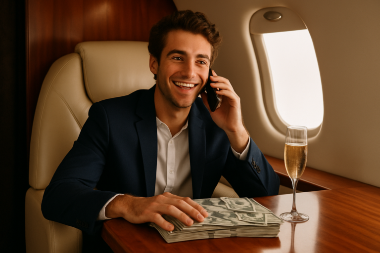 Man in a navy suit on a private jet, talking on a cellphone, with a stack of cash and a champagne flute on the table.