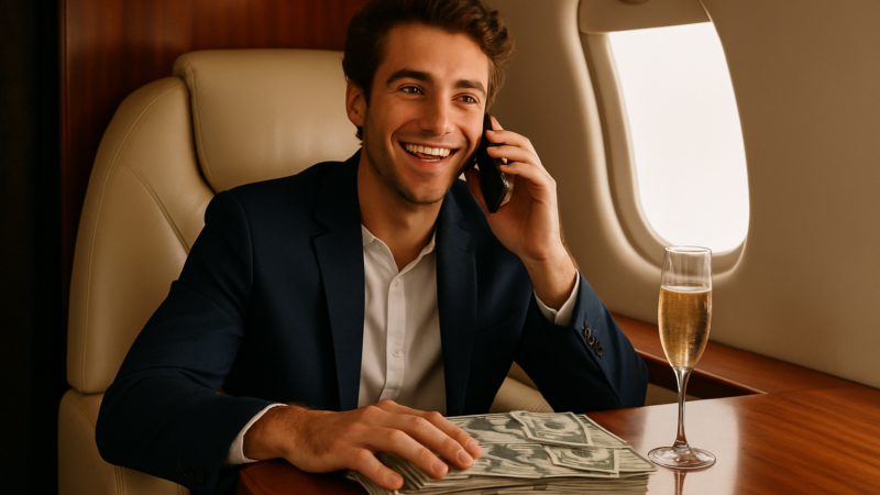 Man in a navy suit on a private jet, talking on a cellphone, with a stack of cash and a champagne flute on the table.