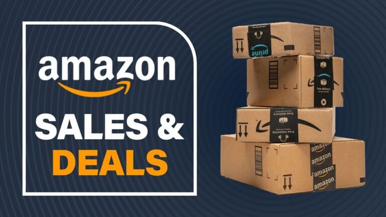 Amazon logo with text 'SALES & DEALS' on a dark, patterned background beside a stack of Amazon cardboard boxes to suggest shipping deals.