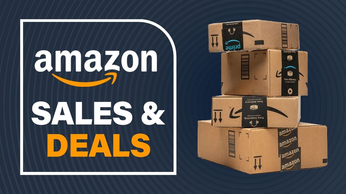 amazon sale | Beelinger Amazon logo with text 'SALES & DEALS' on a dark, patterned background beside a stack of Amazon cardboard boxes to suggest shipping deals.