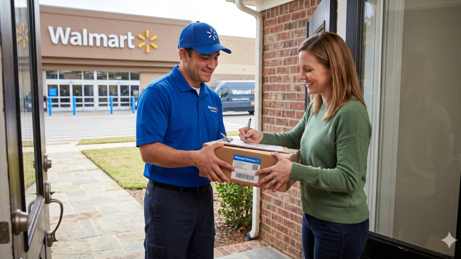 Walmart delivery worker in blue hands a package to a smiling woman at a doorstep.