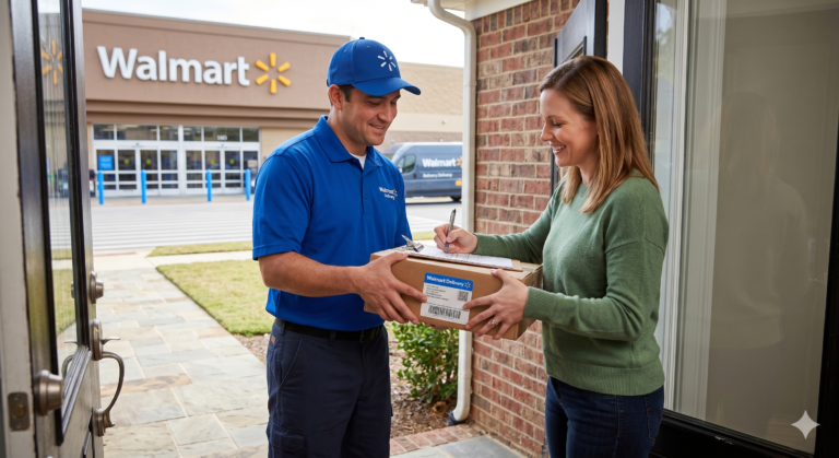 Walmart delivery worker in blue hands a package to a smiling woman at a doorstep.