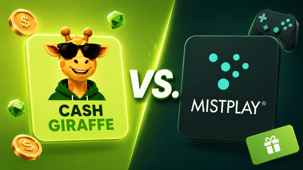 Split-screen comparison: CASH GIRAFFE on the left and MISTPLAY on the right with a bold VS in the center, green neon tones throughout.