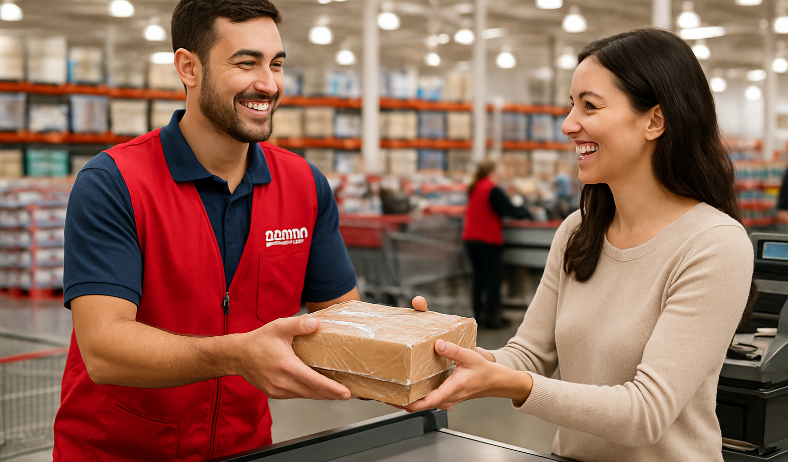 Store employee in red vest hands a boxed package to a smiling customer at checkout in a warehouse setting