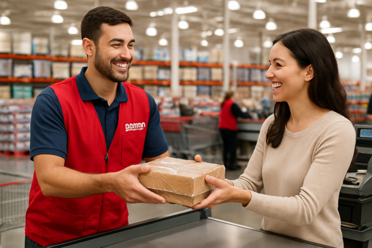 Store employee in red vest hands a boxed package to a smiling customer at checkout in a warehouse setting