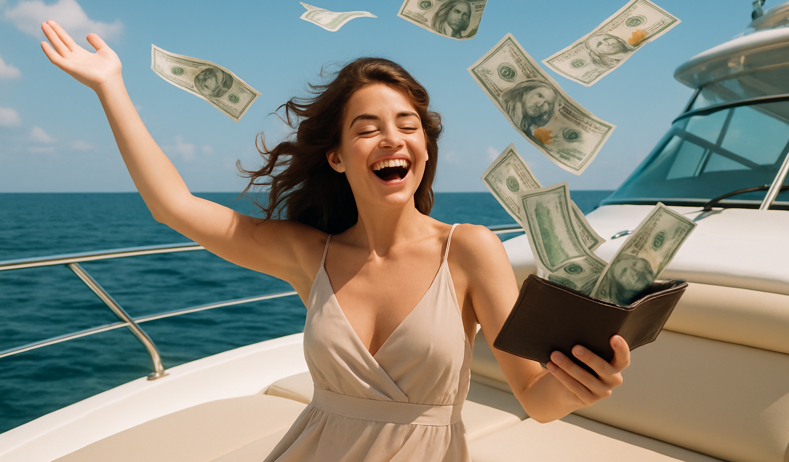 Woman on a yacht celebrating with money raining around her, holding an open wallet full of cash against a blue sea backdrop.