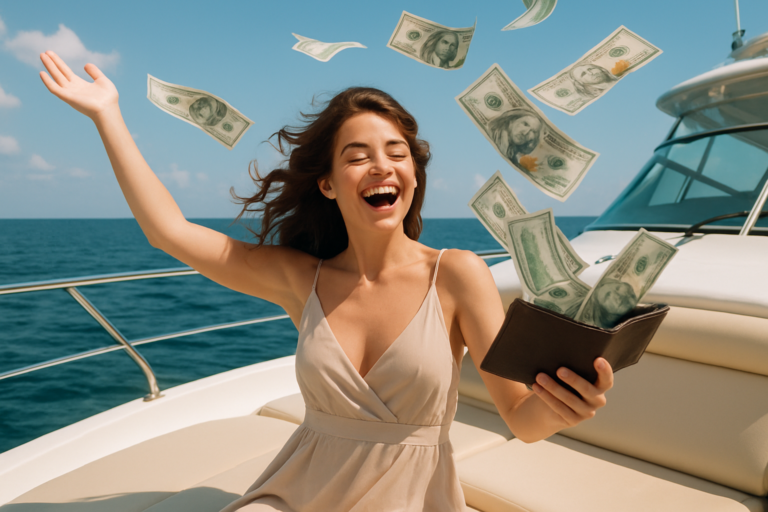 Woman on a yacht celebrating with money raining around her, holding an open wallet full of cash against a blue sea backdrop.