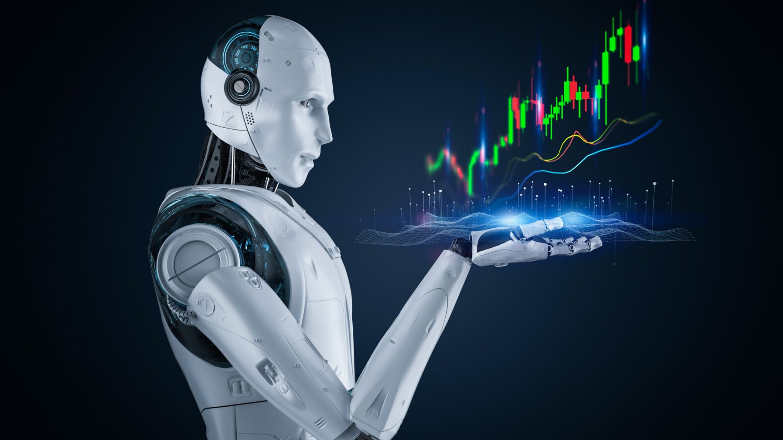 Humanoid robot in white armor presenting glowing holographic charts and data lines with its outstretched hand.