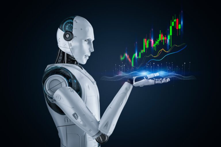 Humanoid robot in white armor presenting glowing holographic charts and data lines with its outstretched hand.