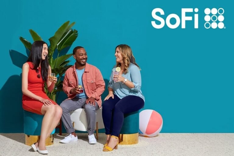 Three friends sit on turquoise stools, chatting and drinking, with a large SoFi logo in the teal background.