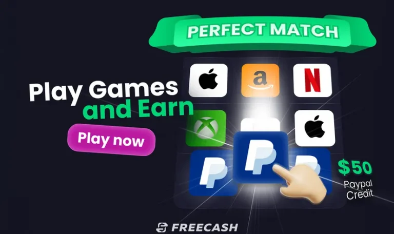 Promotional banner encouraging users to play games and earn, showing app icons, a pointing hand, and a $50 PayPal credit offer. (Perfect Match)